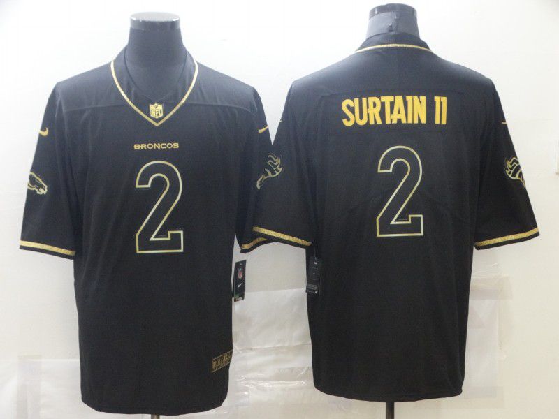 Men Denver Broncos #2 Surtain ii Black Retro Gold Lettering 2021 Nike NFL Jersey